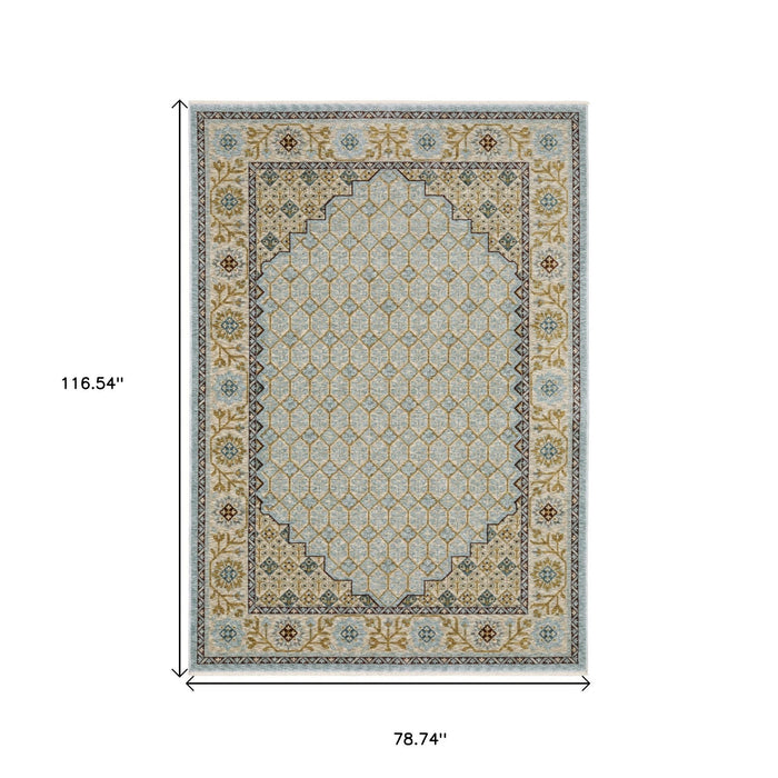 7' X 10' Oriental Area Rug With Fringe - Gold