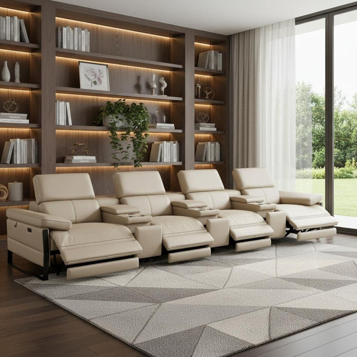 Top Grain Leather Reclining Metal USB Sofa (720351) - Beige