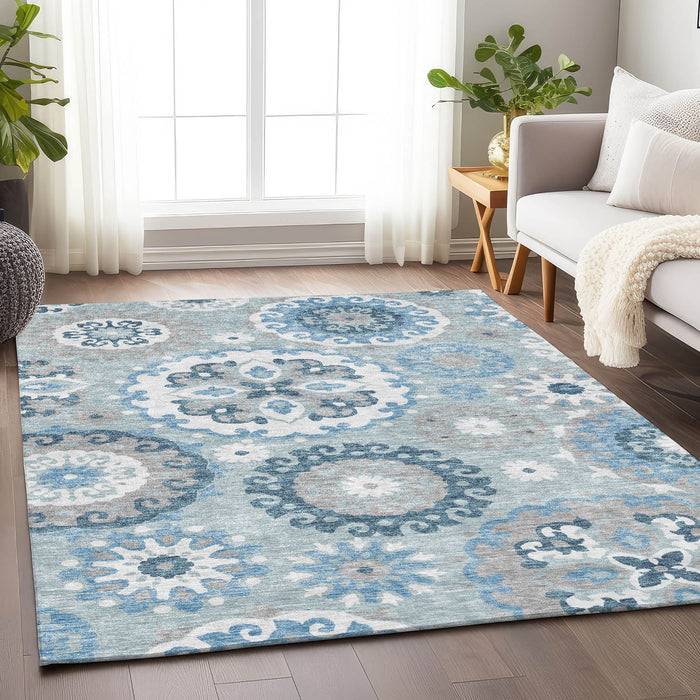 10' X 14' Medallion Washable Area Rug With UV Protection - Sky Blue / Ivory