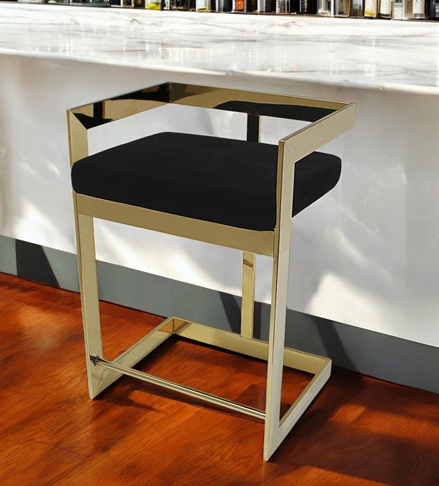 Velvet And Stainless Steel Low Back Bar Height Bar Chair - Black And Gold