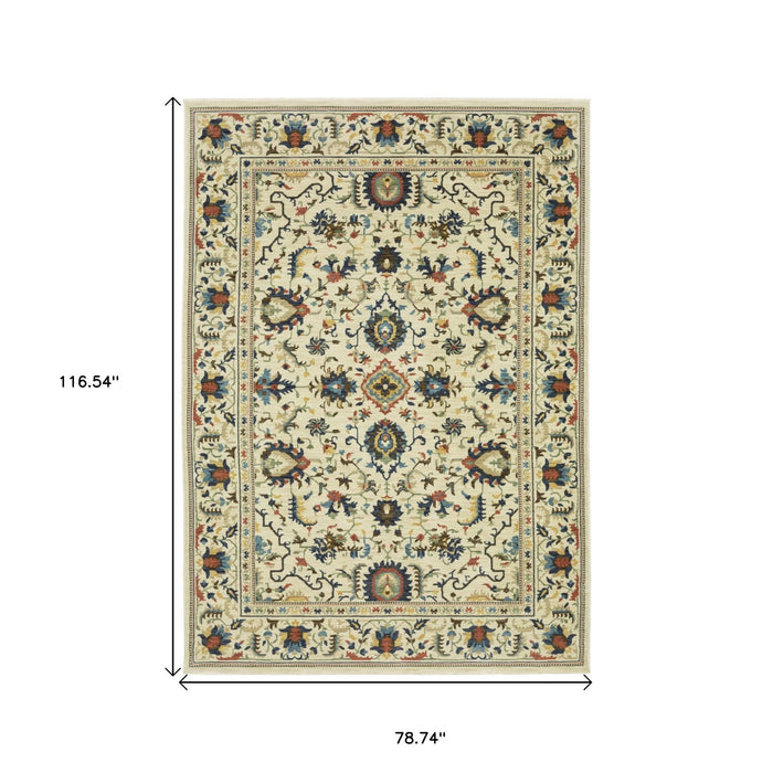 7' X 10' Oriental Area Rug With Fringe - Ivory / Orange