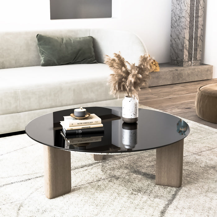 Black 36-inch round tempered glass table top with polished edges, 1/4 inch thick, suitable for various dining or coffee tables.