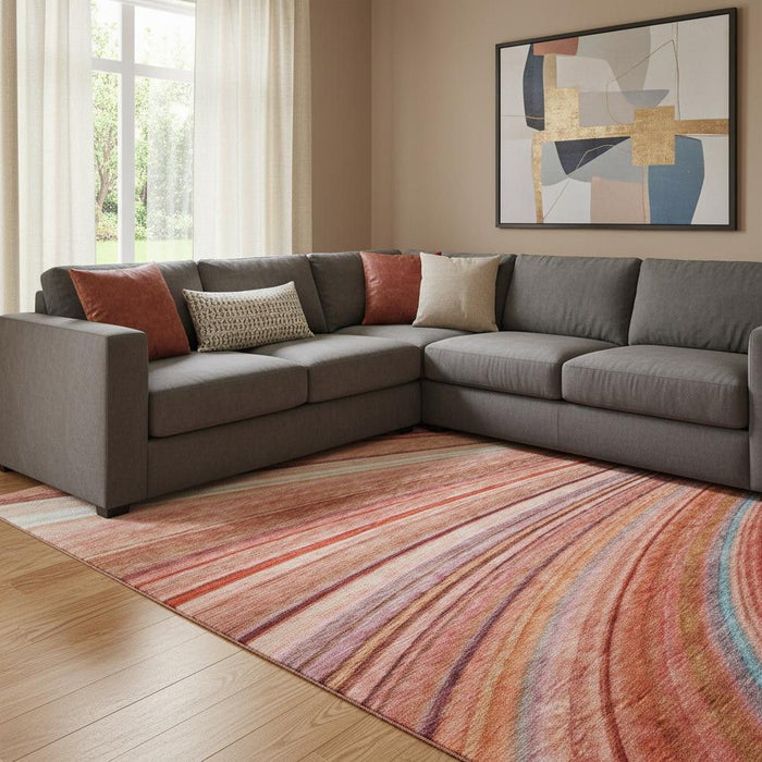 10' X 14' Striped Washable Area Rug With UV Protection (650362) - Terra Cotta / Blue / Ivory