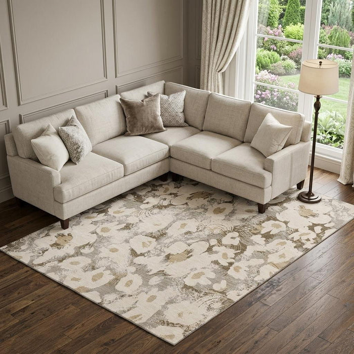 10' X 14' Floral Washable Area Rug With UV Protection (648172) - Khaki / Gray / Ivory
