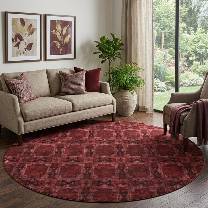8' Floral Medallion Washable Round Rug With UV Protection (649465) - Burgundy / Red / Gray
