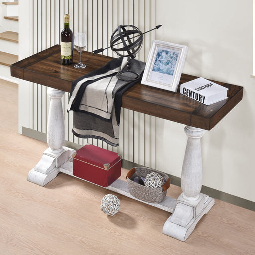 Giga farmhouse retro design pedestal sofa table with wooden top and metal legs, ideal for living room decor.