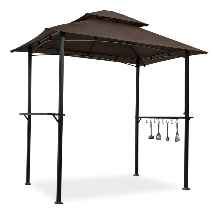 Giga outdoor grill gazebo with double tier soft top canopy, steel frame, bar counters, and hooks for outdoor cooking and shade.