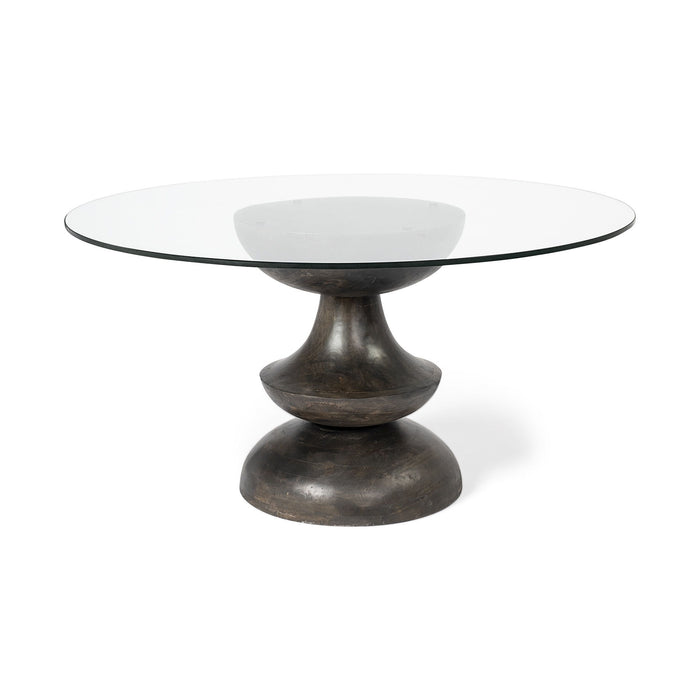 60" Rounded Glass And Solid Manufactured Wood Pedestal Base Dining Table - Brown