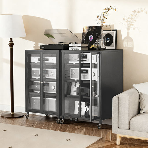 Black Giga media storage cabinet with wheels, 4 adjustable glass shelves, and a door, ideal for entertainment centers.