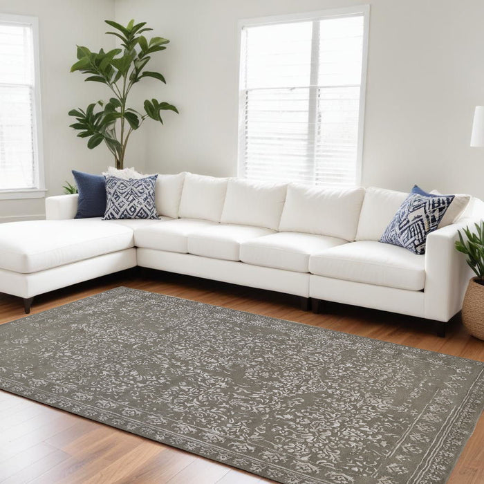 9' x 12' Wool Floral Tufted Handmade Distressed Area Rug - Gray Taupe And Silver