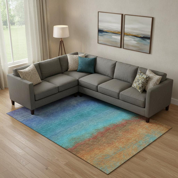 10' X 14' Ombre Washable Area Rug With UV Protection (710903) - Aqua / Orange / Copper