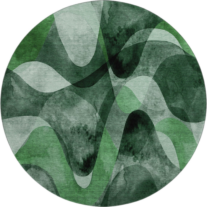 8' Abstract Washable Round Rug With UV Protection (648079) - Fern Green / Gray / Ivory