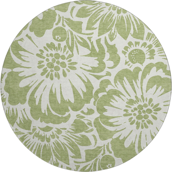 8' Floral Washable Round Rug With UV Protection (648613) - Fern Green / Ivory