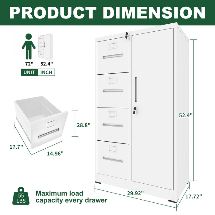 Giga metal vertical filing cabinet with lock, four drawers and one door, steel construction for school and office storage.