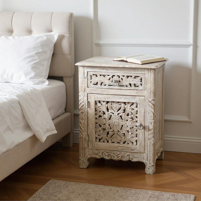 One Drawer Floral Carved Solid Wood Nightstand - Distressed White