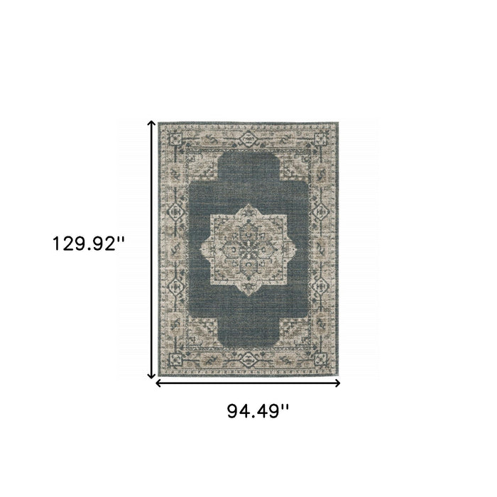 7.9' x 10.8' Oriental Power Loom Area Rug - Blue And Beige