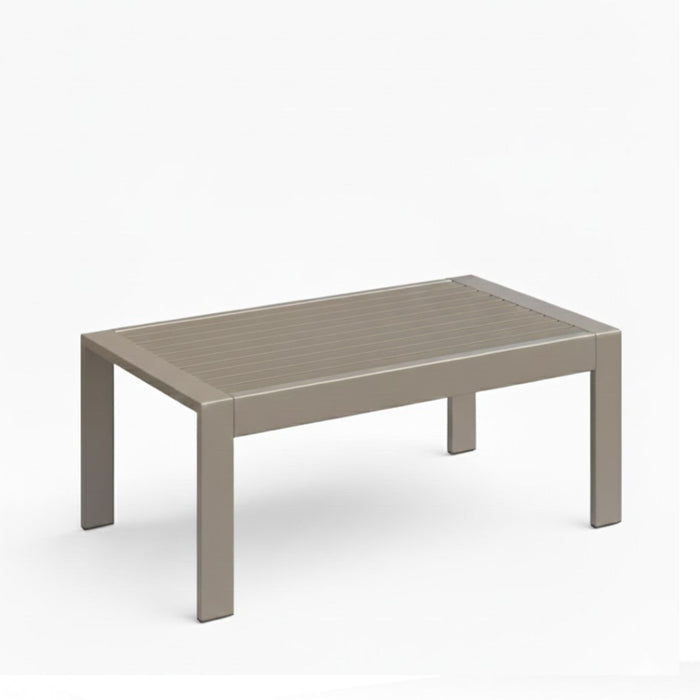 Giga all-weather outdoor coffee table with wood-look top, showcasing a sturdy design ideal for patio or garden spaces.