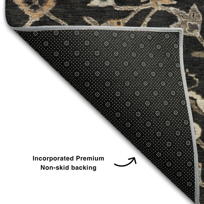 10' X 14' Floral Washable Area Rug With UV Protection (686096) - Black / Ivory / Beige