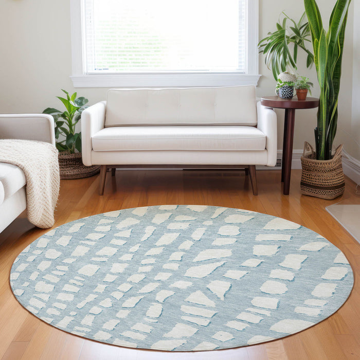 8' Cobblestone Washable Round Rug With UV Protection - Sky Blue And Ivory