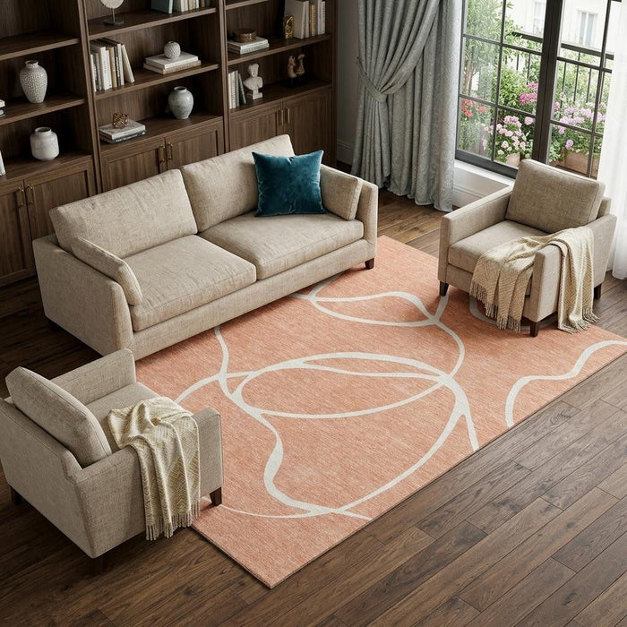 10' X 14' Abstract Washable Area Rug With UV Protection (678682) - Salmon / Ivory