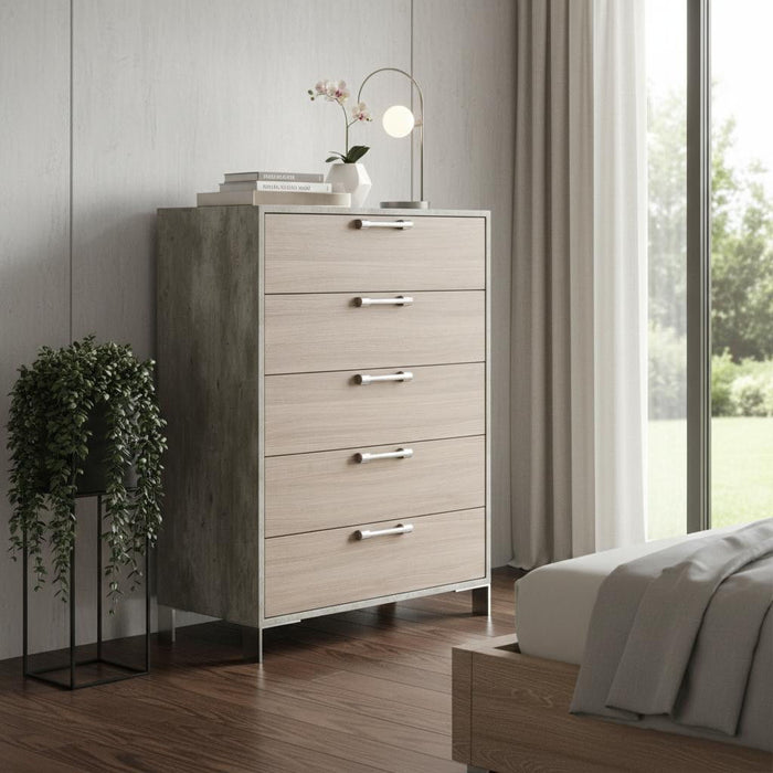 Solid Wood Five Drawer Chest - Brown Oak / Gray
