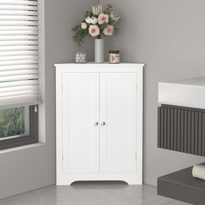 White Giga linen corner cabinet with two doors and adjustable shelves, ideal for bathroom storage and organization.