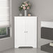 White Giga linen corner cabinet with two doors and adjustable shelves, ideal for bathroom storage and organization.