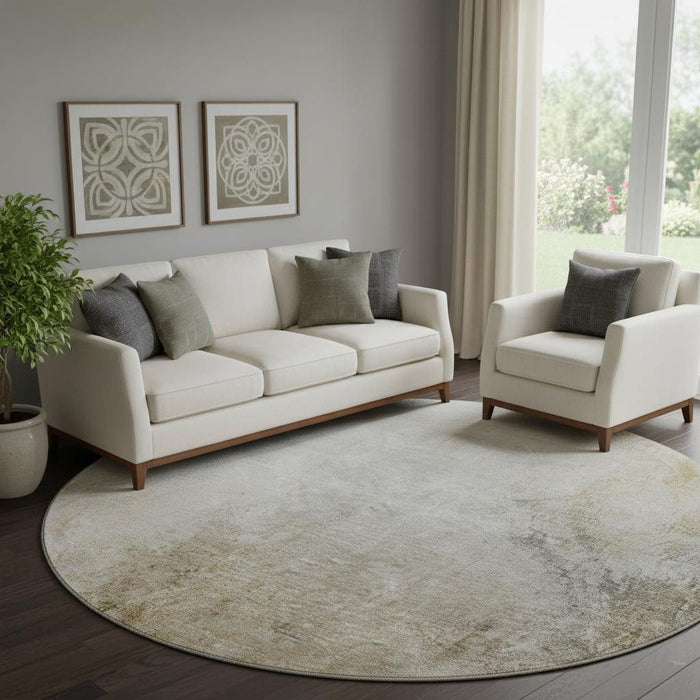 8' Abstract Washable Round Rug With UV Protection (650917) - Taupe / Ivory