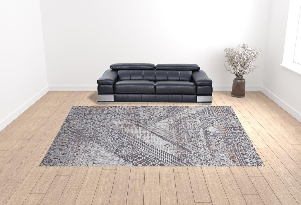 12' x 15' Geometric Power Loom Distressed Stain Resistant Area Rug - Gray And Ivory