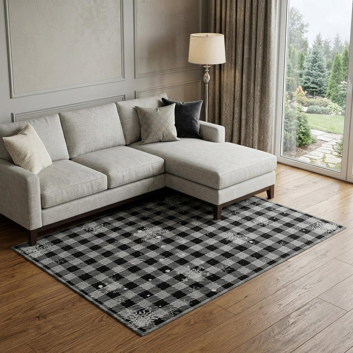 10' X 14' Gingham Washable Area Rug With UV Protection (702323) - Gray / Black / Ivory