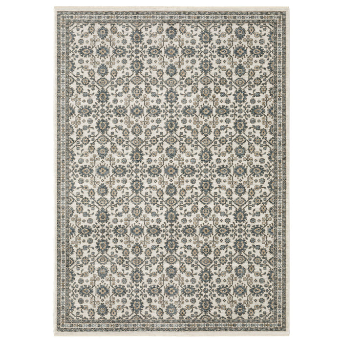 10' X 13' Floral Area Rug With Fringe (575136) - Ivory / Blue