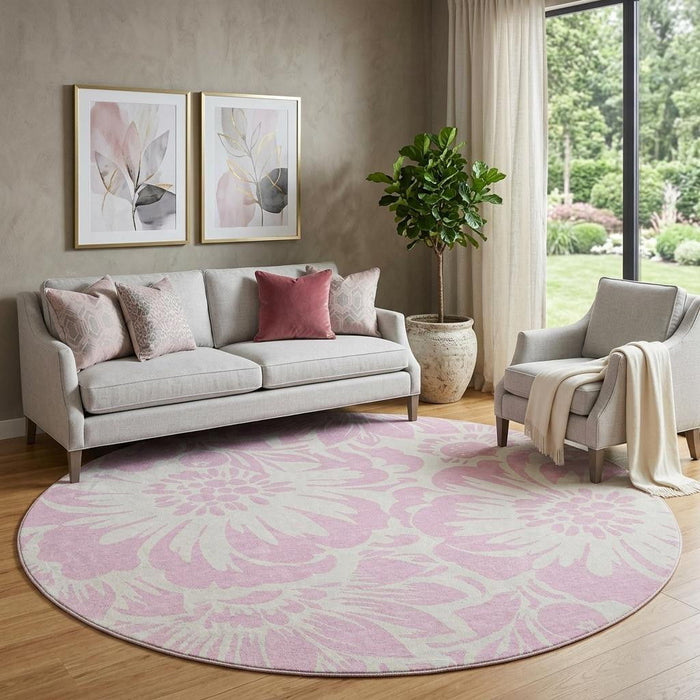 8' Floral Washable Round Rug With UV Protection (648685) - Pink / Ivory