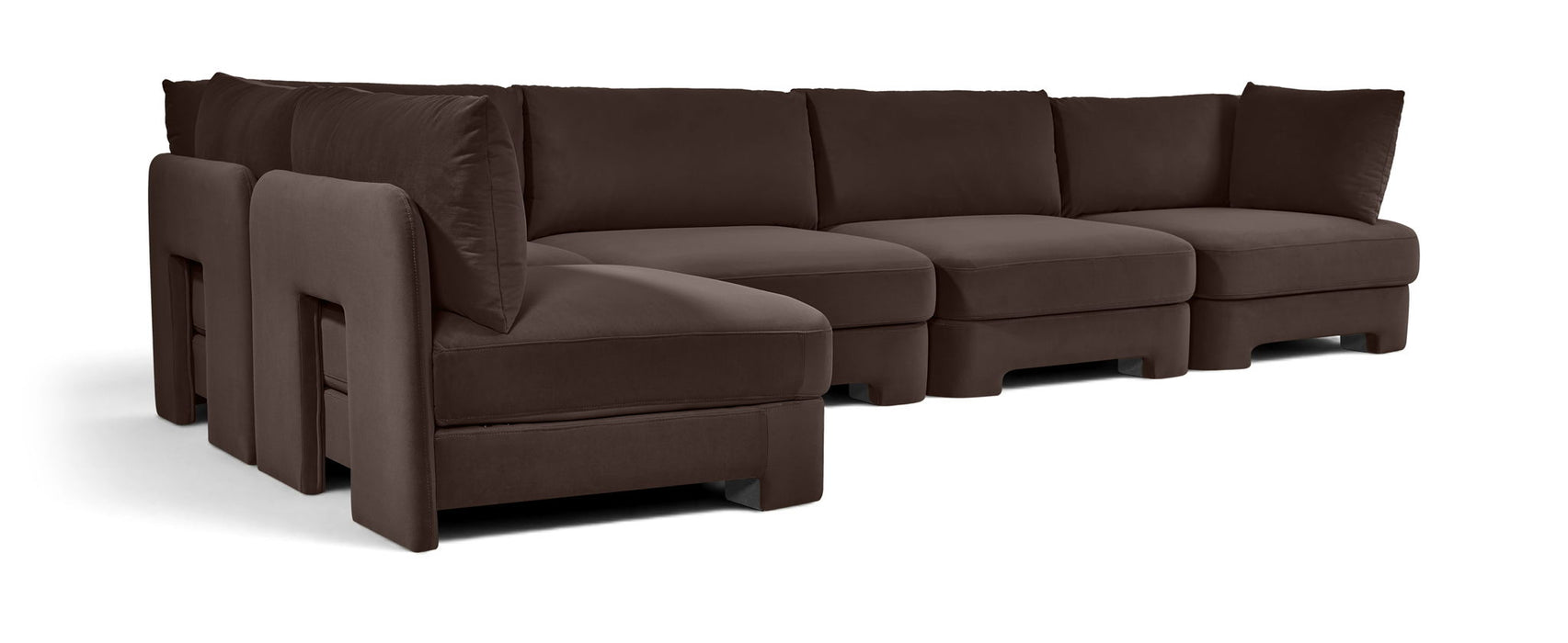 Velvet upholstery on Meridian Furniture Hammond 5-piece L-shaped sectional sofa in a stationary living room setting.