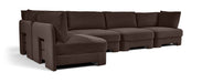 Velvet upholstery on Meridian Furniture Hammond 5-piece L-shaped sectional sofa in a stationary living room setting.