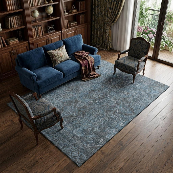 9' X 12' Medallion Distressed Washable Area Rug With UV Protection (649755) - Navy Blue / Gray