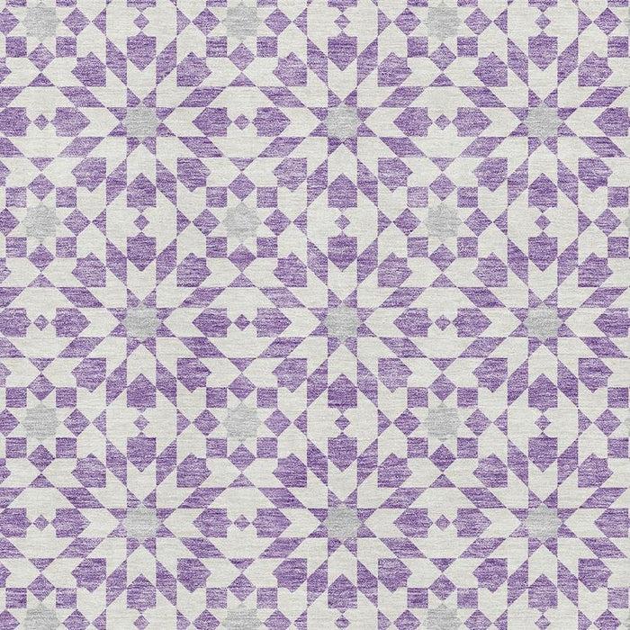 9' X 12' Geometric Washable Area Rug With UV Protection - Lavender And Ivory