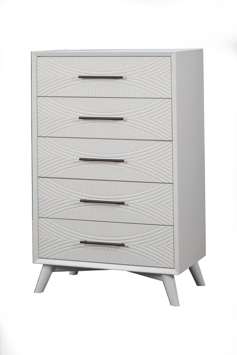 34" Carved Geometric Solid Wood Five Drawer Dresser - White