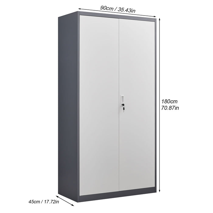 Gray Giga wardrobe with hanging rod, compartments, lockable doors, and keys, designed for bedroom storage and organization.
