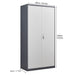 Gray Giga wardrobe with hanging rod, compartments, lockable doors, and keys, designed for bedroom storage and organization.
