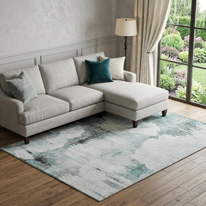 8' X 10' Abstract Washable Area Rug With UV Protection (657237) - Teal / Gray / Ivory