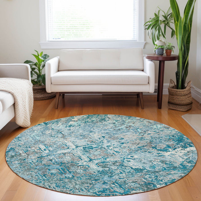 8' Diamond Washable Round Rug With UV Protection - Teal
