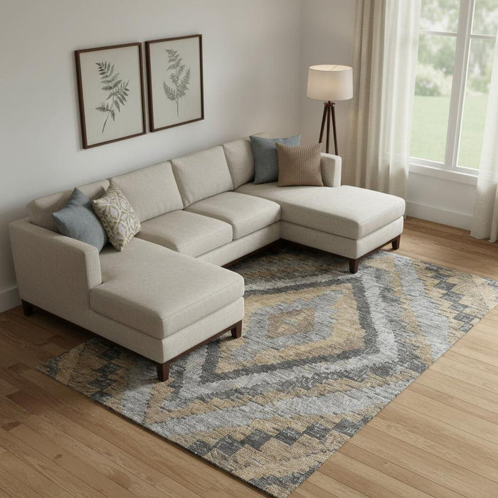 10' X 14' Diamond Washable Area Rug With UV Protection (707071) - Khaki / Charcoal / Gray