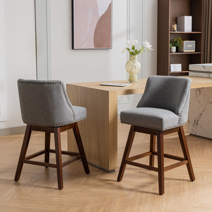 Set of 2 Giga counter height swivel barstools with upholstered fabric seats and 26-inch height, featuring modern design.