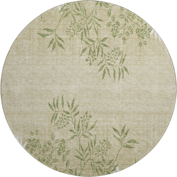 8' Floral Washable Round Rug With UV Protection (655641) - Khaki / Green / Ivory