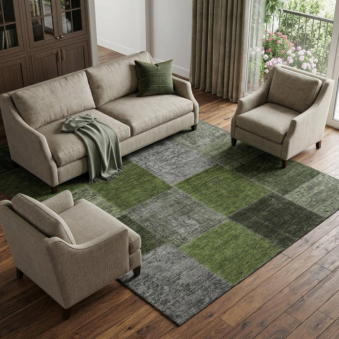 10' X 14' Patchwork Washable Area Rug With UV Protection (655198) - Olive Green / Gray
