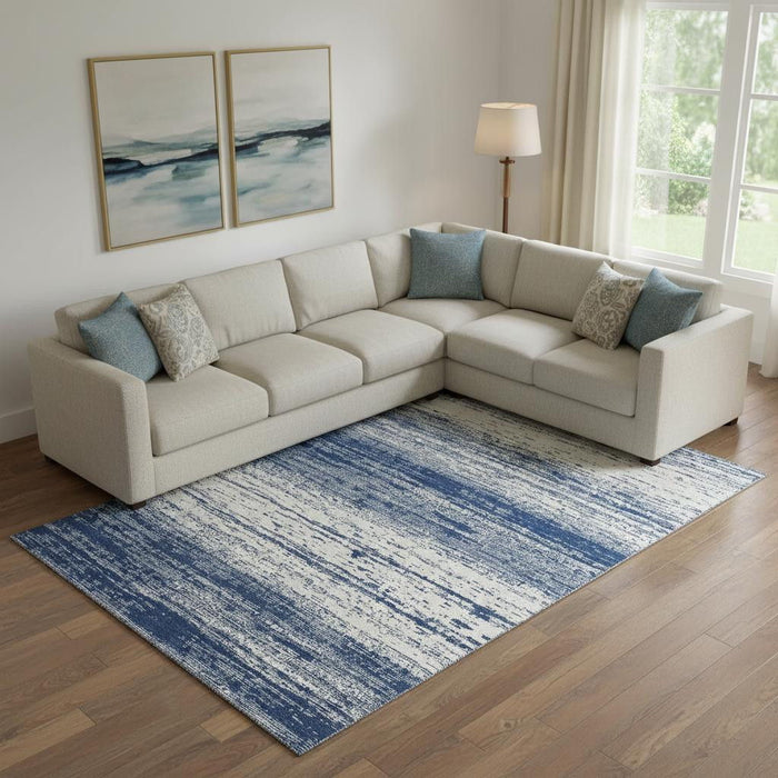 10' X 14' Striped Washable Area Rug With UV Protection (668163) - Navy Blue / Ivory