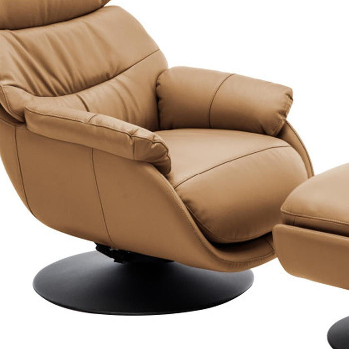 HomeRoots camel tufted genuine leather recliner with manual swivel function and matching ottoman, stylish and comfortable seating.