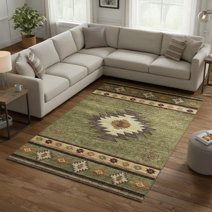 9' X 12' Geometric Washable Area Rug With UV Protection (645677) - Green / Beige / Brown