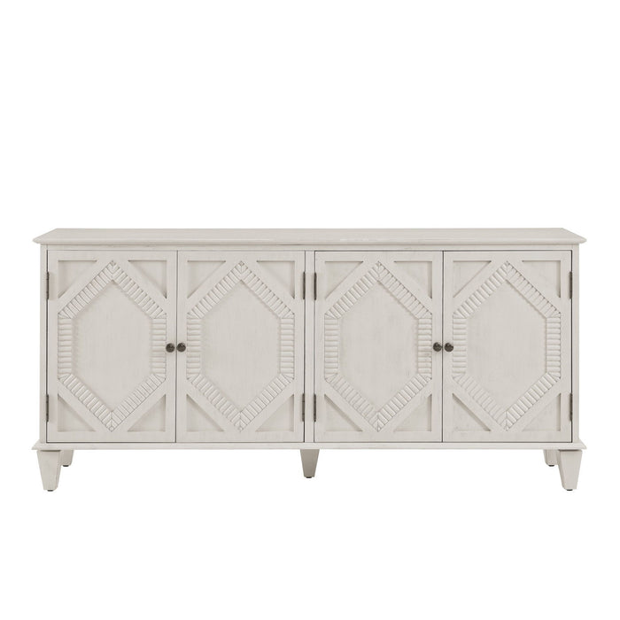 Wood Carved Geometric Accent Cabinet With Four Doors - White