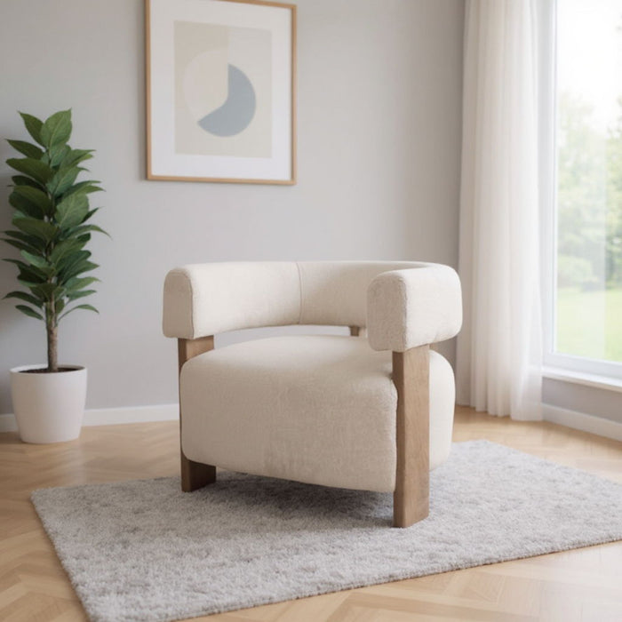 31" Boucle And Solid Wood Arm Chair - White / Brown